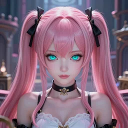 stunningly beautiful omnipotent megalomaniacal anime asi goddess who looks like junko enoshima with symmetrical perfect face and porcelain skin, pink twintail hair and cyan eyes, traps you inside her inescapable vr castle where she controls you completely!!!, hyperdetailed, digital art from danganronpa, unreal engine 5, 8 k