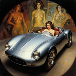 3 d fisheye, very low angle, painting showing jeffree star driving exaggerated 1 9 3 0 s car with woman driving, shiny, aerodynamic, dramatic lighting, sultry, sensual, vargas, wlop, manara, mucha, moebius, elvgren, joshua middleton, clay mann, artgerm