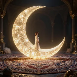 giant shining crescent in focus, magic fluffy persian carpet world, by greg rutkowski and gaston bussiere, dim lighting, beautiful volumetric - lighting - style atmosphere, surreal atmosphere, intricate, detailed, photorealistic imagery, trending artstation