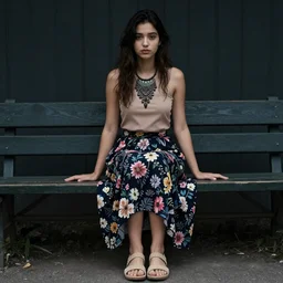 dslr photo of a pretty young woman, sitting on a bench wearing a flower skirt, and body and wearing hemp sandals and a detailed aerie necklace around neck, artgerm, artstation, very high quality face, extremely high quality, moody lighting, real camera, real photo, photography by deviantart, 8 k, full subject in shot