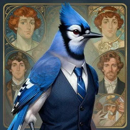 anthropomorphic blue jay with exquisite feathers and wearing a tie and vest in cyberpunk. Renowned character illustration by greg rutkowski, thomas kindkade, alphonse mucha, loish, norman rockwell.