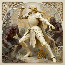 ivory carved mage with blonde braided hair wearing ivory carved bone armor fighting ghouls, dead plants, intricate, elegant, highly detailed, digital painting, artstaion, full body action concept art, smooth, sharp, focus, illustration, art by artgerm, alphonse mucha, ilya kuvshinov
