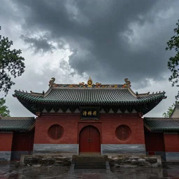a shaolin temple in the rain, wide thunder in the sky, ultra realistic, canon eos r 3, f / 1. 4, iso 2 0 0, 1 / 1 6 0 s, 8 k, raw, unedited, symmetrical balance, in - frame