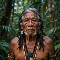 a portrait of an indigenous amazonian elder in the jungle, fantasy art, matte painting
