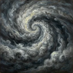 a beautifully strange painting of a tumultuous with a maelstrom of swirling and spiralling mammatus clouds by benoit b. mandelbrot, caspar david friedrich, junji ito
