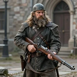 A High urban fantasy WW1 dwarve soldier holding a enchanted rifle detailed realistic High Resolution HD 8k
