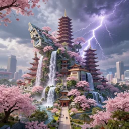 huge gargantuan angular dimension of pagoda liminal spaces, temples by escher and ricardo bofill. utopian singaporean landscape by roger dean. magical realism, surrealism, lush sakura trees, waterfalls, thunder, lightning, cyberpunk, shot from below, epic scale