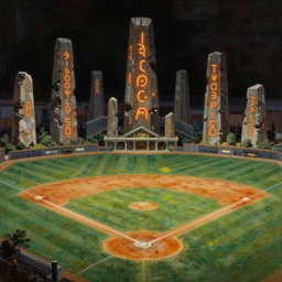 a baseball field with ancient monoliths with glowing runes. highly detailed science fiction painting by daniel romanovsky, frank frazetta, and syd mead. rich colors, high contrast, gloomy atmosphere, dark background.