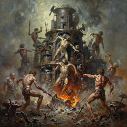 oil paint of flayed god machines in tiers, action crash, battling geocracking, fungal pit, trash patina sheen rotting, by alberto bontempi, alex ross, shigeru komatsuzaki, wayne d barlowe, stefano tamburini, narrative light, muted colors, epic, hyper detailed, awe inspiring, award winning horror, ember lighting, hyper realism, cine