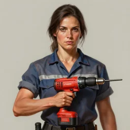 epic portrait a slightly muscular woman wearing short sleeved uniform and carrying a red power tool drill, detailed, centered, digital painting, artstation, concept art, donato giancola, Joseph Christian Leyendecker, WLOP, Boris Vallejo, Breathtaking, 8k resolution, extremely detailed, beautiful, establishing shot, artistic, hyperrealistic, beautiful face, octane render