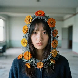 a closeup of a woman wearing a hood made of wire and zinnias, in an abandoned office building, canon eos c 3 0 0, ƒ 1. 8, 3 5 mm, 8 k, medium - format print