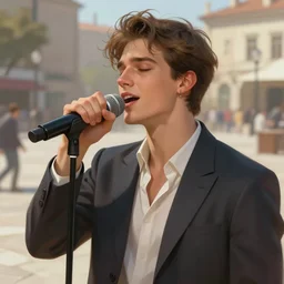 a young handsome man, singing in a public square. intricate, elegant, highly detailed, digital painting, artstation, concept art, sharp focus, illustration, by justin gerard and artgerm, 8 k
