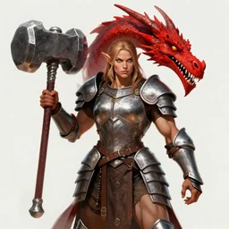 muscular halfling woman warrior, with a full set of plate armor holding a giant warhammer, wearing an enormous red dragon head, digital art, by clyde cadwell, portrait, strong lighting, heroic pose