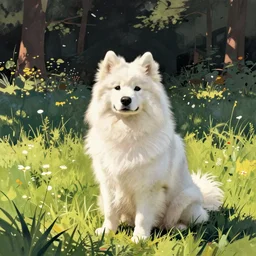 a samoyed dog sitting in the middle of sunny meadow, colored, by Steve Ditko