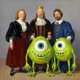 royal family renaissance portrait painting with two eyed mike wazowski