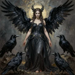goddess of perdition, surrounded by crows. full body portrait. sinister atmospheric lighting. highly detailed painting by jeszika le vye.