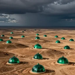 majestic sprawling parched rolling plains covered with numerous small domes made of shining emeralds by caspar david friedrich, unsettling dark skies, mysterious, by alexander fedosav, hyperrealism, 8 k resolution, behance hd, artstation, nightcafe
