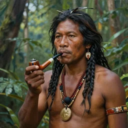 a beautiful indigenous man holding a tobacco snuff pipe in the jungle, matte painting, by christophe vacher