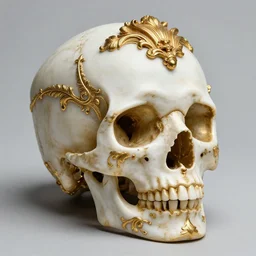 a beautiful portrait of a ornate and intricate rococo skull, hyper detailed, gold plated on white marble
