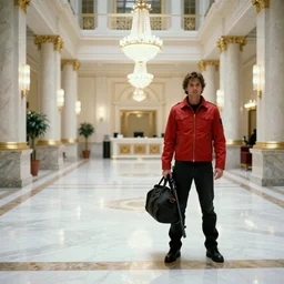 Bank interior elegant bank fancy white marble flooring reflective gold accents. man facing camera red motorcycle jacket carrying duffle bag holding shotgun tactical. blade runner 2049 (2019) movie still 35mm wide angle lens