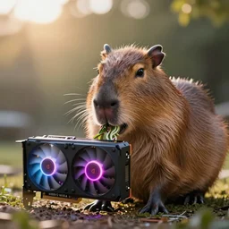 cute capybara eating a neon nvidia gpu, chewing on a video card, cooling fans, cyberpunk, wildlife photography, bokeh, golden hour, sharp focus, 3 5 mm, taken by sony a 7 r, 4 k, award winning