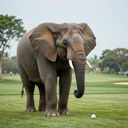 A sarcastic elephant plays golf with tiger woods