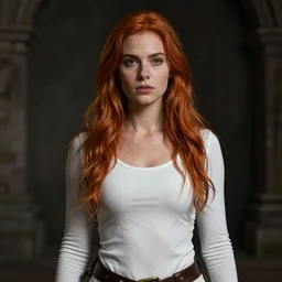 a portrait of a white woman in her twenties, she has long orange brown hair, white long tanktop, medieval, style by donato giancola, wayne reynolds, jeff easley dramatic light, high detail, cinematic lighting, artstation, dungeons and dragons
