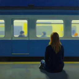 lone girl waiting for the train in a half remembered dream, stanley kubrick the shinning, vibrant colors americana, cinematic, volumetric lighting, realistic, detailed, painting in the style of Edward Hopper