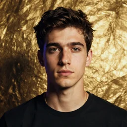 Hyper realistic portrait of alessiogarcai with gold fluid in the background, volumetric colorful lighting, Hyper realistic film photography by Pete Morbacher and Emil Melmoth