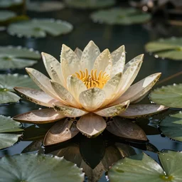 a huge mechanical water lillyin a beautiful pond landscape, cinematic light, slightly steampunk, in the style of h. r. giger and martin johnson heade,