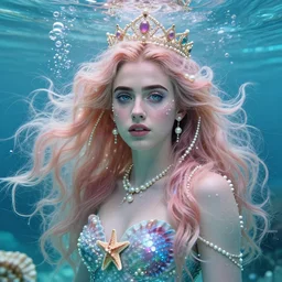 “ emma roberts portrait, fantasy, mermaid, hyperrealistic, game character, underwater, highly detailed, sharp focus, cinematic lighting, pearls, glowing hair, shells, gills, crown, water, highlights, starfish, jewelry, realistic, digital art, pastel, magic, fiction, ocean, king, colorful hair, sparkly eyes, fish, heroic, goddess, waves, bubbles, queen ”