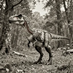 hyper realistic vintage photograph of a real feathered velociraptor in a forest, ultra detailed, grain, old, monochrome, sepia toned, realistic lighting, wide angle, prehistoric planet, jurassic park