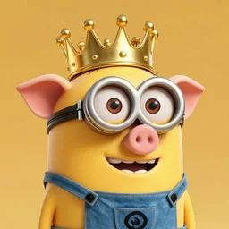 Ultra realistic and intricate studio shot of pig wearing a gold crown in the style of a minion, hyper realism, movie shot, full hd, Vibrant colors, Smooth gradients