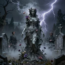 portrait of a gothic cemetery statue made of mist and flowers, cosmic horror, mutating into mist, dramatic lightning, Andrew Ferez, Charlie Bowater, Marco Mazzoni, Seb McKinnon, Ryohei Hase, Alberto Seveso, Kim Keever, trending on cgsociety, featured on zbrush central, new sculpture, mystical