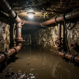 deep underground bunker, flooded, dirty water, rusty pipes, cables