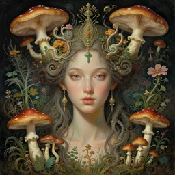 portrait photo of the gorgeous young goddess of mycelium networks, fungi, mushrooms, flowers and plants, emotionally evoking symbolic metaphors, head in focus, ornamental, intricate, elegant, artstation, concept art, painterly, rule of thirds, sharp focus, art by h. r. giger, ernst haeckel, boris vallejo, zdzisław bek