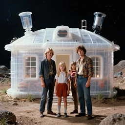 highly detailed, 256435456k film, 806400mm film still from a sci fi blockbuster color movie made in 2019, set in 1990, of a family standing in front of a plastic house that has just landed on an alien planet, the family are all wearing 1990s era clothes, good lighting, good photography, ultra high definition