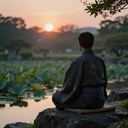 ant view of a zen master in a beautiful kimono quietly sitting in a rock garden overlooking a pond of lilly pads during a sublime sunrise, one sun, his dark silhouette completely obscured by bokeh, colorful masterpiece photography,