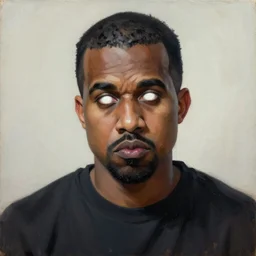 a demonic horrific portrait of kanye west, white eyes, bored, illustration, soft lighting, soft details, painting oil on canvas by edmund blair leighton and charlie bowater octane render, hdr, trending on artstation, 4 k, 8 k, hd
