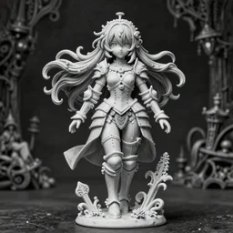 By Tom Bagshaw, ultra realist soft painting of an fine steampunk anime porcelain miniature fully armored figurine long hair floating, photorealistic eyes render, curiosities carnival, symmetry accurate features, very intricate details, focus, dark fantasy background, black and white n 6