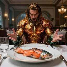 Aquaman surprised by a salmon on his plate at a fancy restaurant