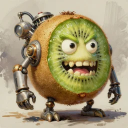 semi reallistic gouache gesture painting, by yoshitaka amano, by ruan jia, by Conrad roset, by dofus online artists, detailed anime 3d render kiwi fruit  monster, kiwi fruit   terrible monster, antrophomorfic kiwi fruit  ,  portrait, cgsociety, artstation, rococo mechanical, Digital reality, sf5 ink style, dieselpunk atmosphere, gesture  drawn