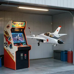 1 9 9 0 s photo, flying fighter the arcade machine, in the garage,