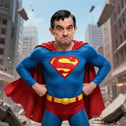 mr bean as superman. he is extremey clumsy and destroys many buildings by accident. dc comics coverart, comicbook, comic panel