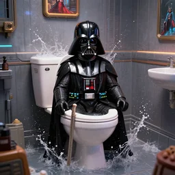 photograph of a Darth Vader themed toilet, 4k wallpaper, water splashing, flooded bathroom, scifi star wars decor, Thomas Kinkade, Greg Rutkowski, Disney