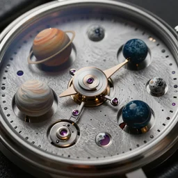 Macro photograph of a beautiful watch mechanism of planets, moons, miniature cosmos, complexity