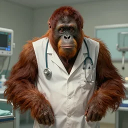 an epic illustration of an orangutan doctor in an er hospital dressed in a lab coat, in the style of algernon blackwood, highly detailed digital art, ornately detailed, muted color, photorealistic