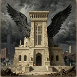 new york city being rebuilt as mesopotamian architecture. dark wings, atmospheric, stormy weather, piranesi, gustave dore, italy 1 8 1 6