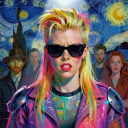 siouxsie sioux, strong face, defiant, wearing sunglasses, futuristic clothes, vibrant colors, glitchy, rule of thirds, spotlight, drips of paint, expressive, passionate, by greg rutkowski, by jeremy mann, by francoise nielly, by van gogh, digital painting