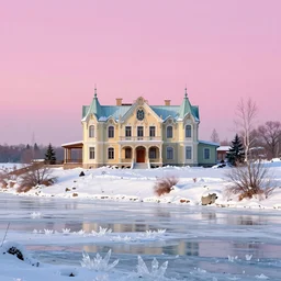 a huge standalone house, seen from the distance in a snowy landscape, near a frozen river made of crystals. art nouveau rococo in the style of caravaggio. hd 8 x matte background in vibrant vivid pastel colour textures